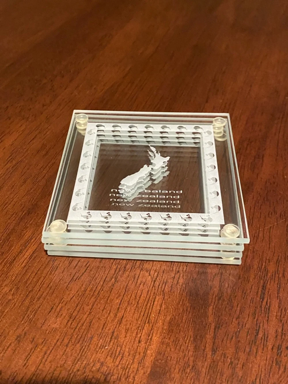 New Zealand Set of 4 Glass Coaster with Kiwi Birds and NZ Island